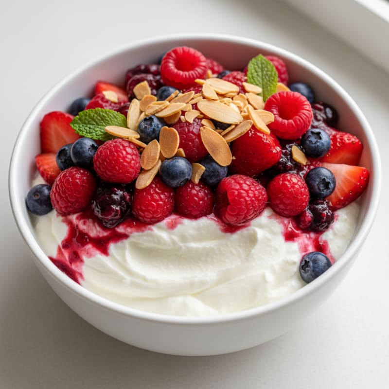 Greek Yogurt Protein Parfait with Mixed Berries and Almonds