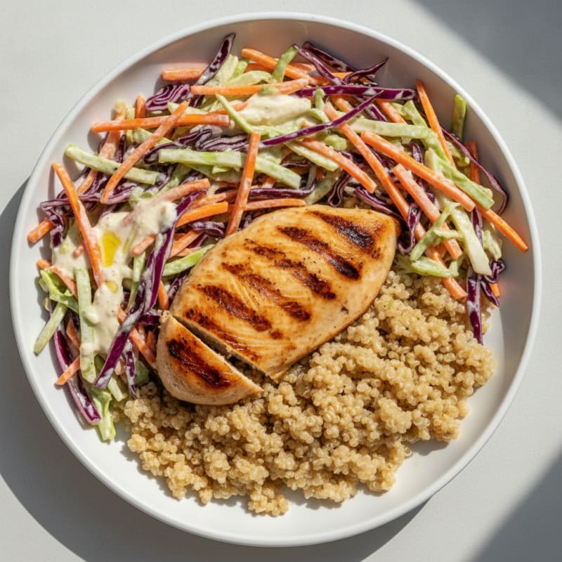 Grilled Chicken Breast with Crunchy Cabbage Slaw and Quinoa