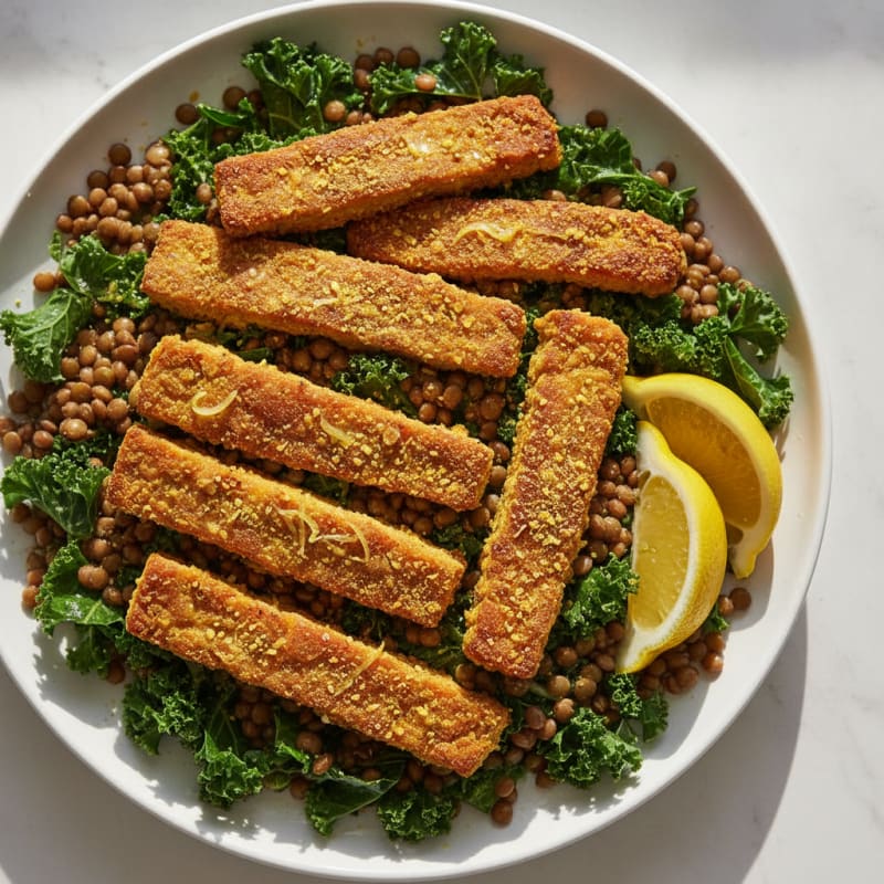 Crispy Baked Tempeh with Lentil and Kale Salad