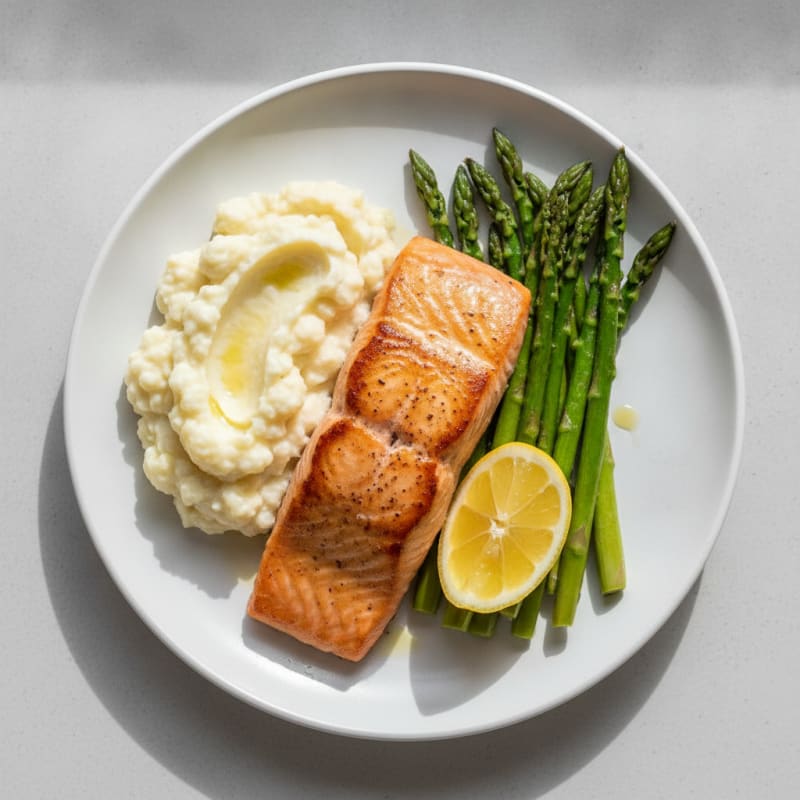 Seared Salmon with Roasted Asparagus and Garlic Mashed Cauliflower