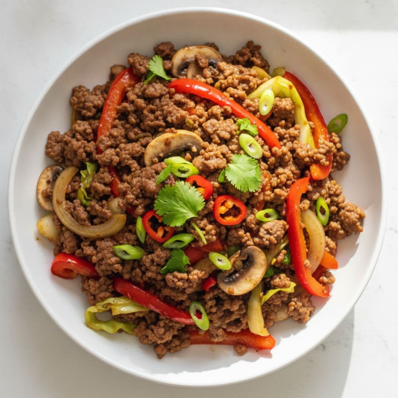 Beef Mince and Red Pepper Stir-Fry with Onions and Fresh Chillies