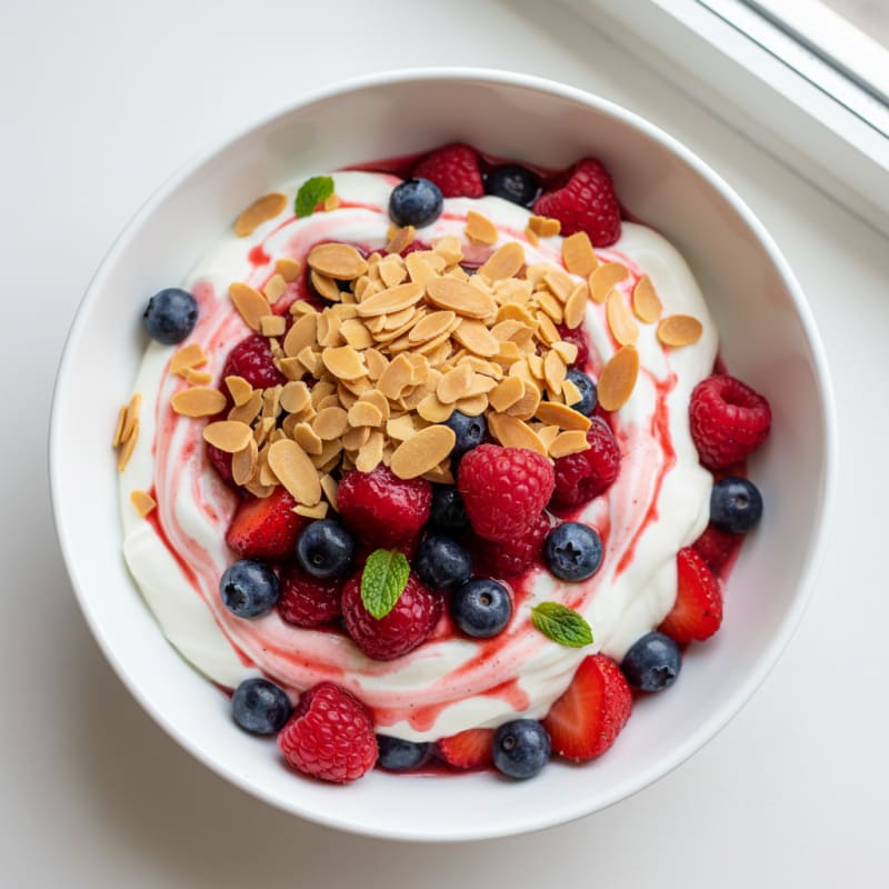 Greek Yogurt Protein Parfait with Mixed Berries and Almonds
