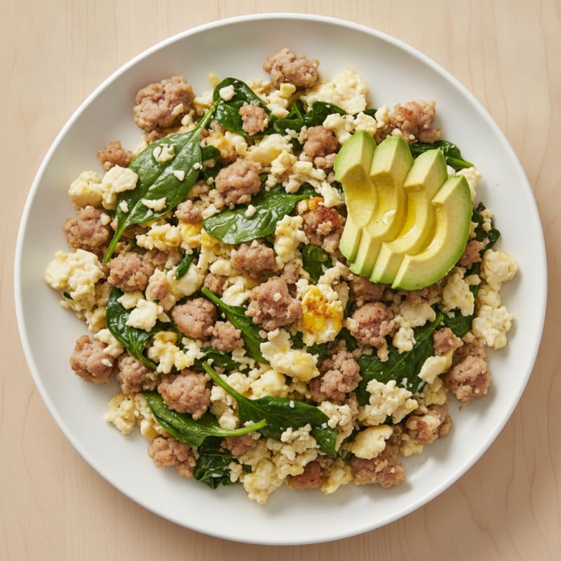 Crispy Egg White and Turkey Sausage Scramble with Spinach