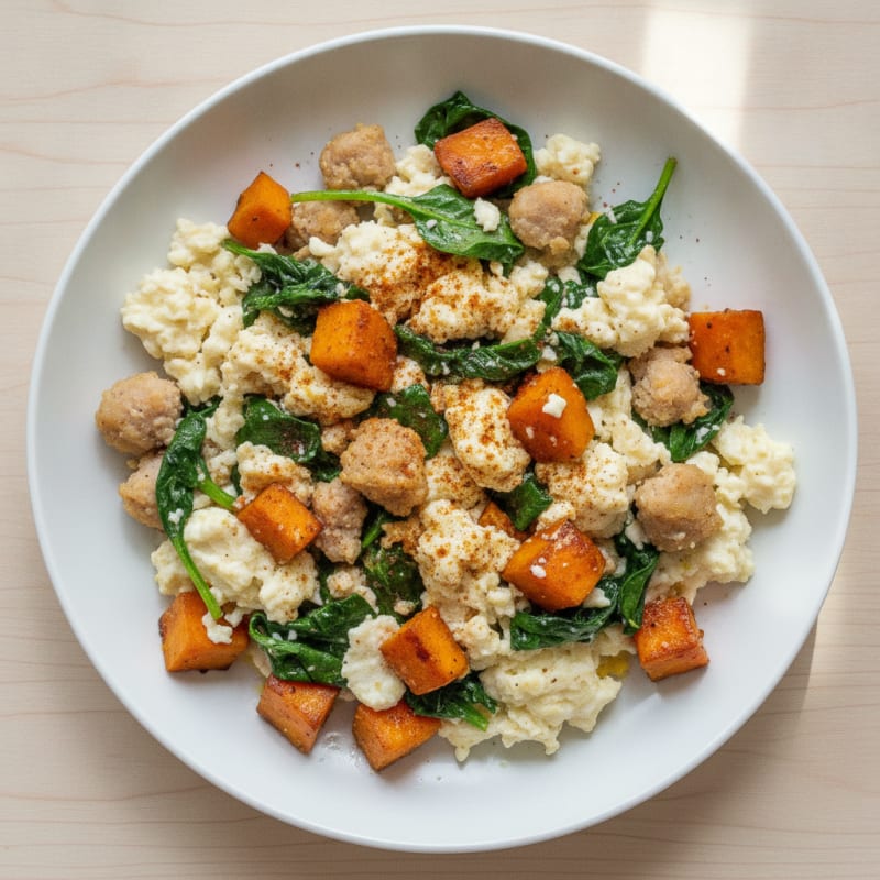 Egg White and Turkey Sausage Scramble with Spinach and Sweet Potato