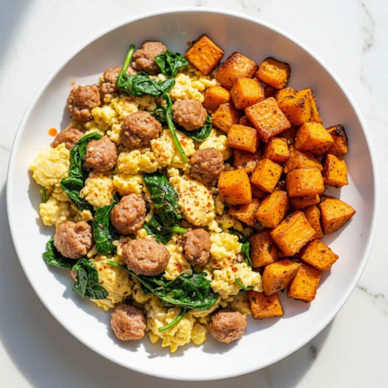 Egg White and Turkey Sausage Scramble with Spinach and Roasted Sweet Potato