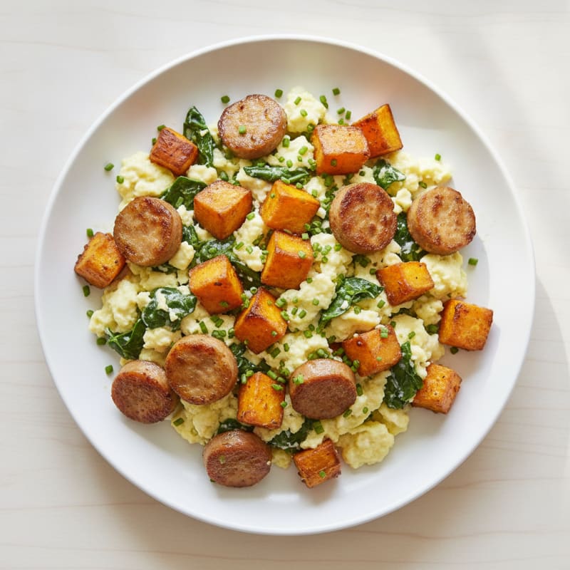 Crispy Turkey Sausage and Egg White Scramble with Roasted Sweet Potatoes