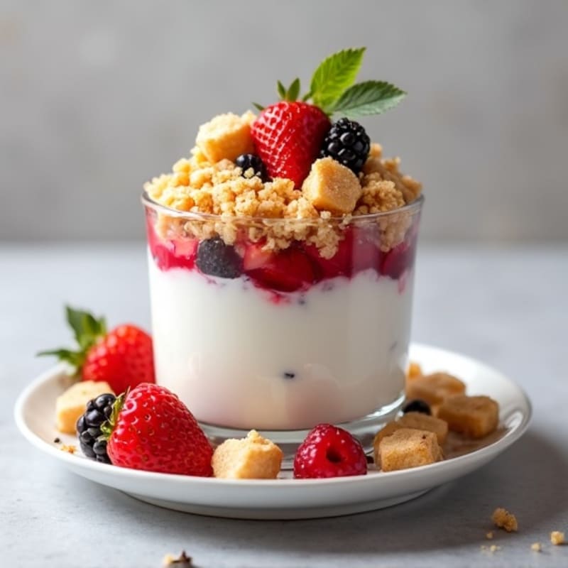 High-Protein Greek Yogurt Parfait with Mixed Fruit and Rice Cake Crumble