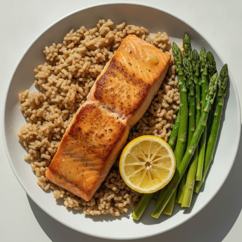 Seared Salmon with Steamed Asparagus and Brown Rice