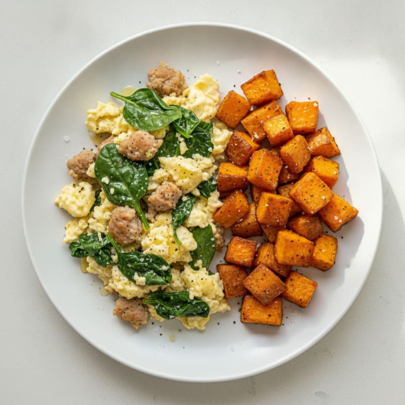 Egg White and Turkey Sausage Scramble with Spinach and Roasted Sweet Potatoes