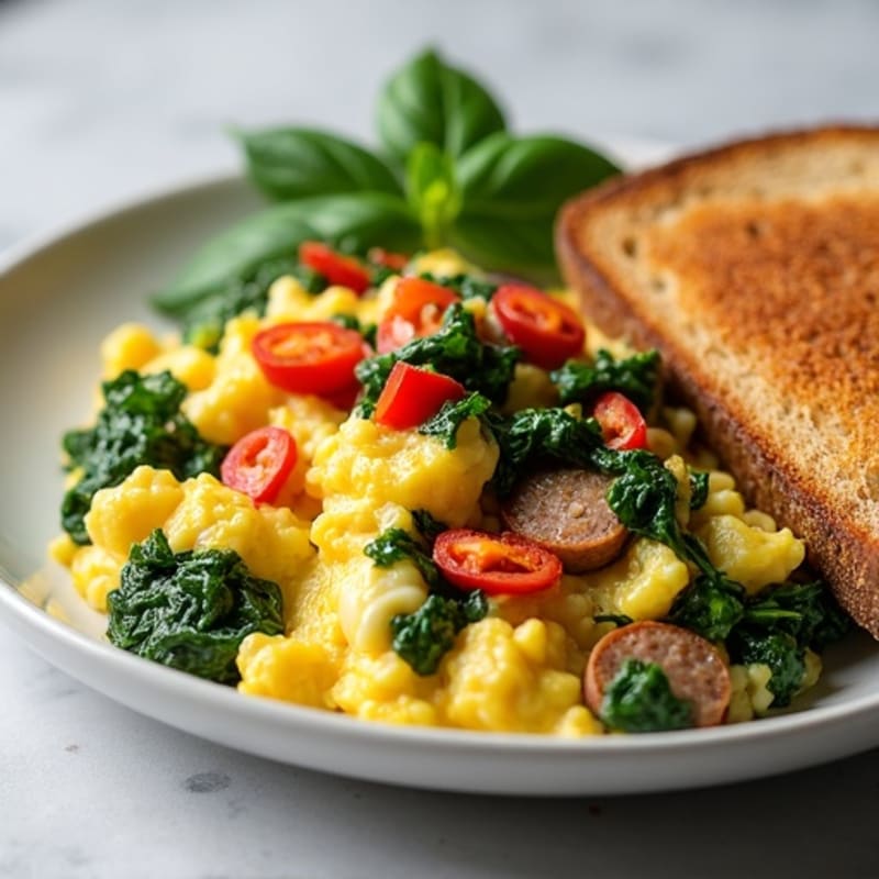Egg White and Turkey Sausage Scramble with Sautéed Spinach