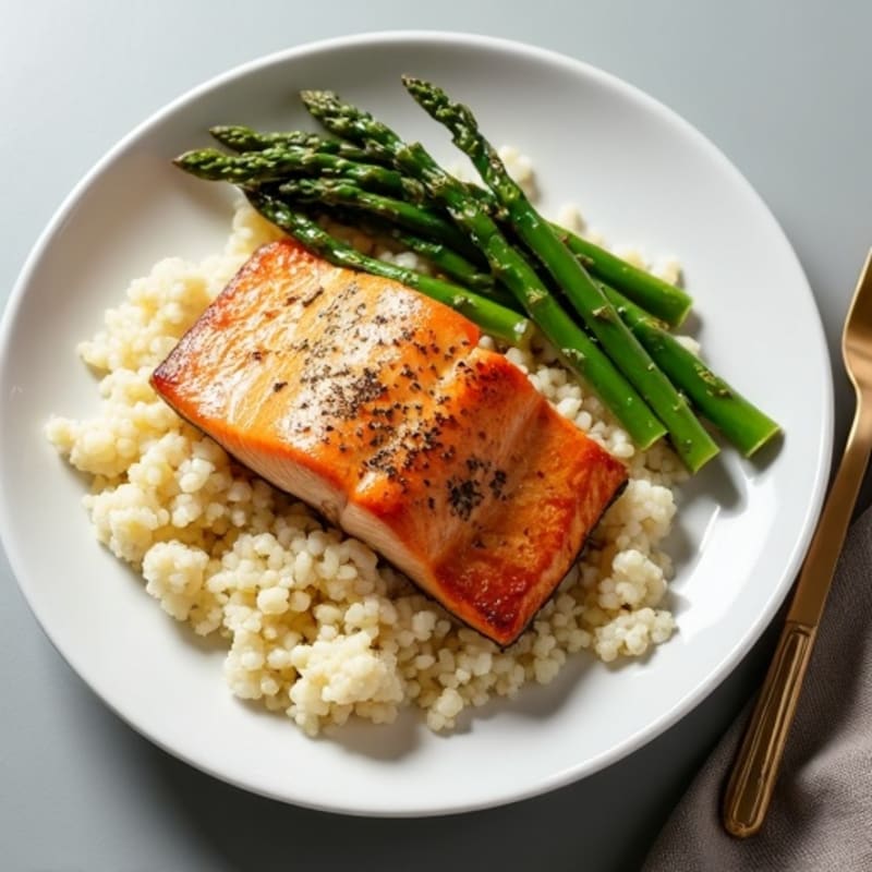Pan Seared Salmon with Roasted Asparagus and Cauliflower Rice