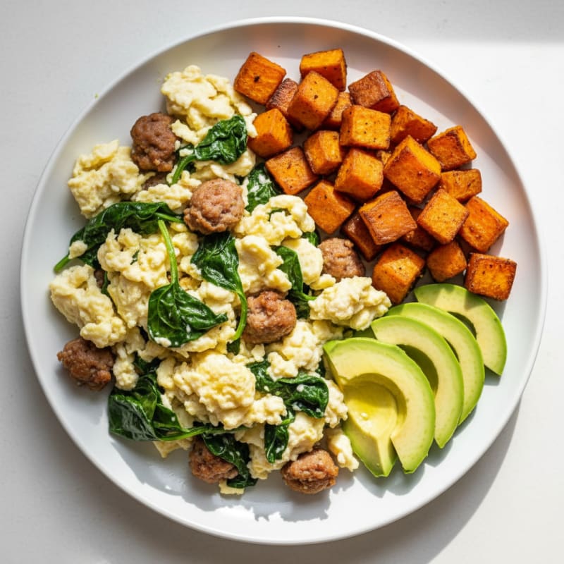 Egg White Spinach Scramble with Turkey Sausage