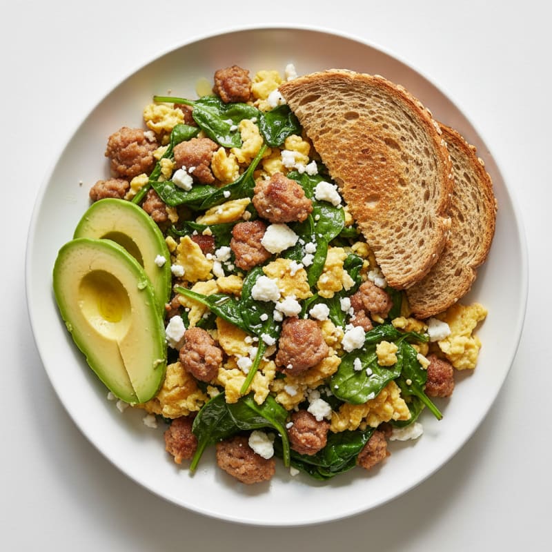 Egg White and Turkey Sausage Scramble with Spinach and Feta