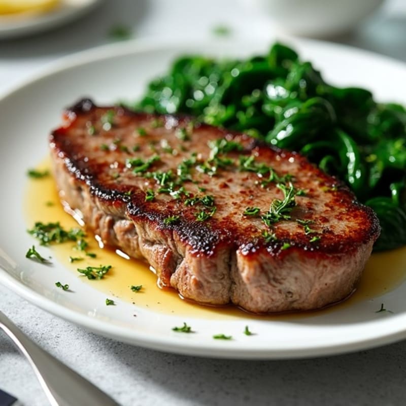 Herb-Crusted Steak with Garlic Sautéed Spinach