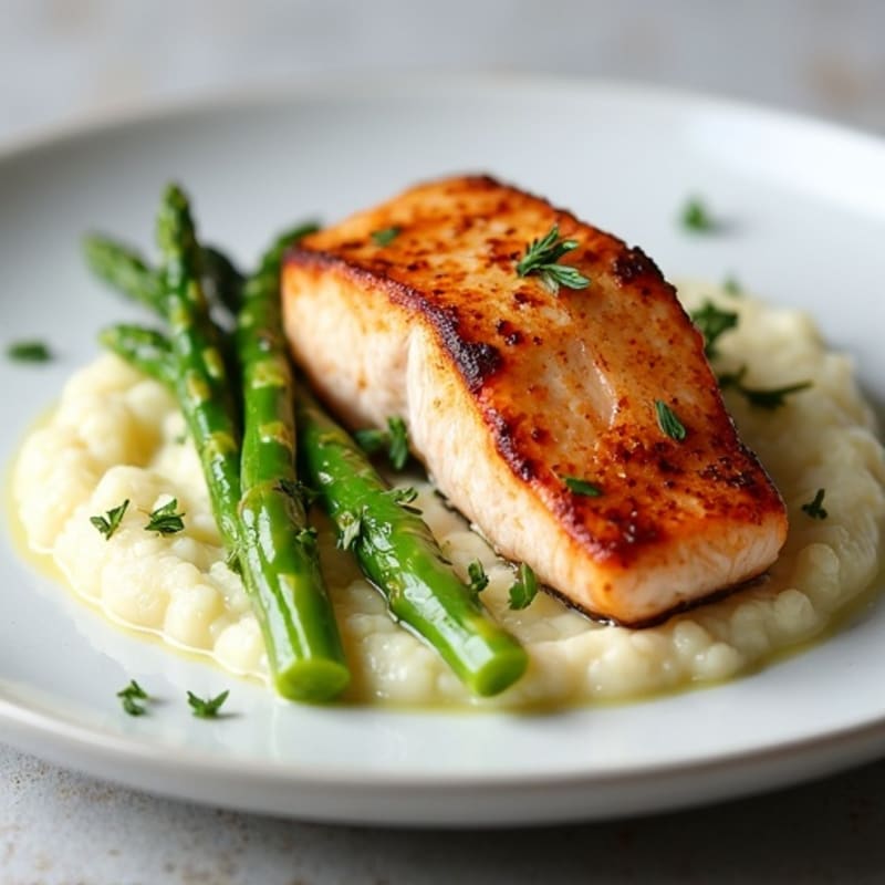 Seared Salmon with Steamed Asparagus and Garlic Cauliflower Mash