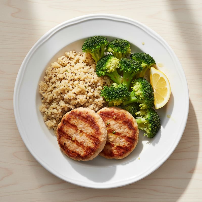 Seared Turkey Patties with Steamed Broccoli and Quinoa