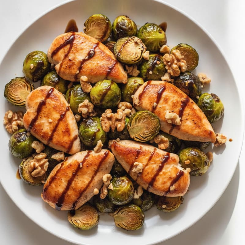 Balsamic-Glazed Brussels Sprouts with Chicken and Toasted Walnuts