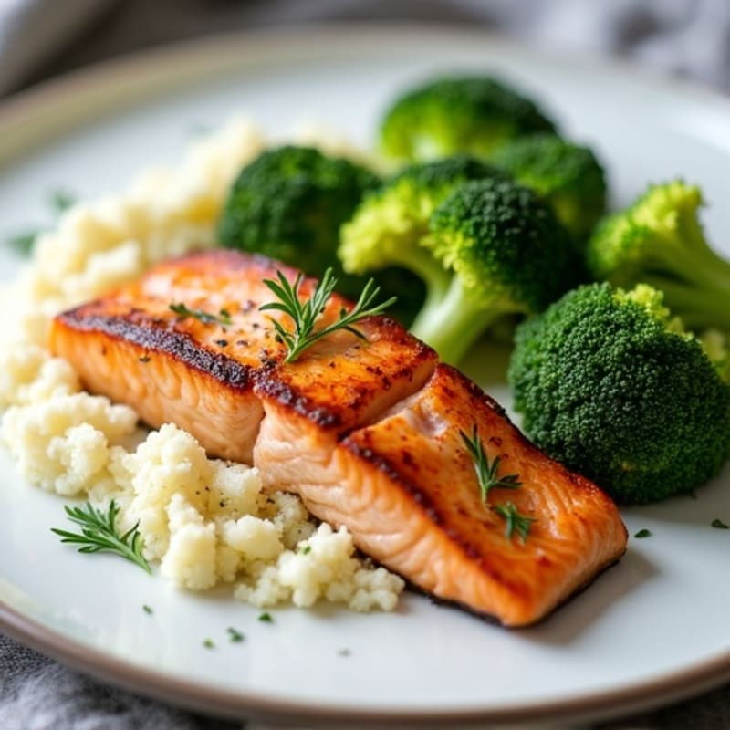 Seared Salmon with Steamed Broccoli and Garlic Mashed Cauliflower