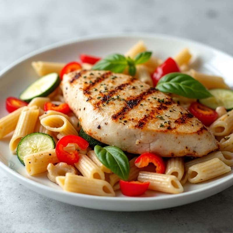 Grilled Chicken Breast with Roasted Vegetable Pasta Salad