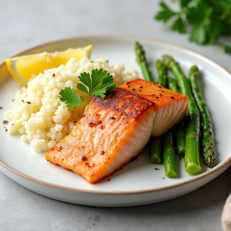 Seared Salmon with Herb Cauliflower Rice and Sautéed Asparagus