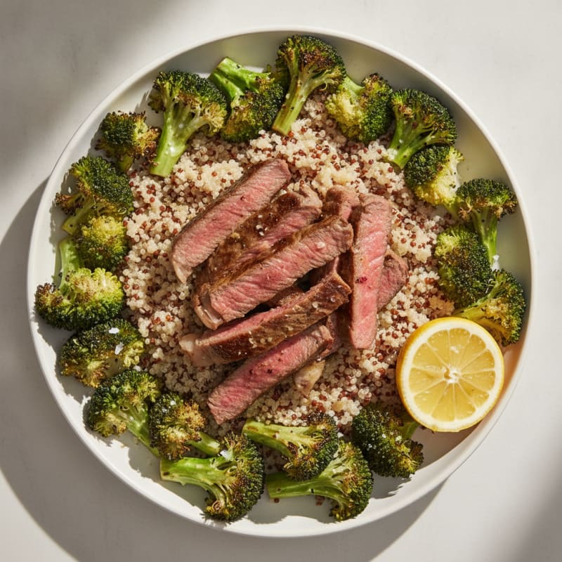 Seared Lean Beef Strips with Roasted Broccoli and Quinoa