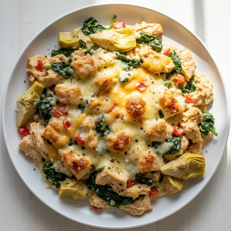 High-Protein Spinach Artichoke Chicken Bake