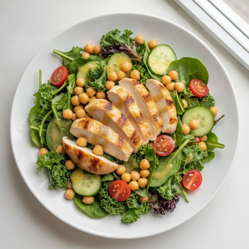 Grilled Chicken Breast Salad with Mixed Greens and Chickpeas