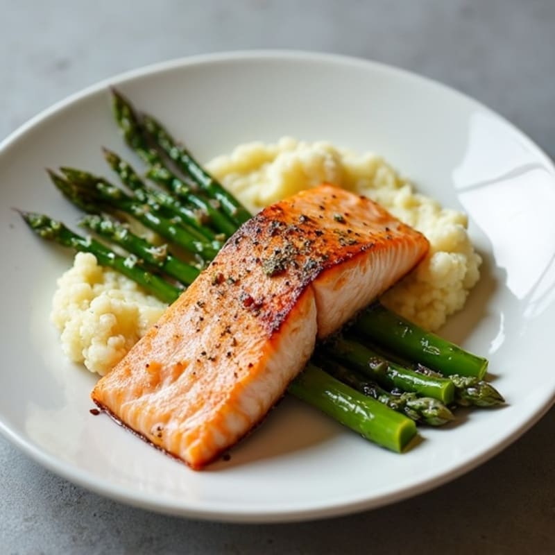 Seared Salmon with Roasted Asparagus and Cauliflower Mash
