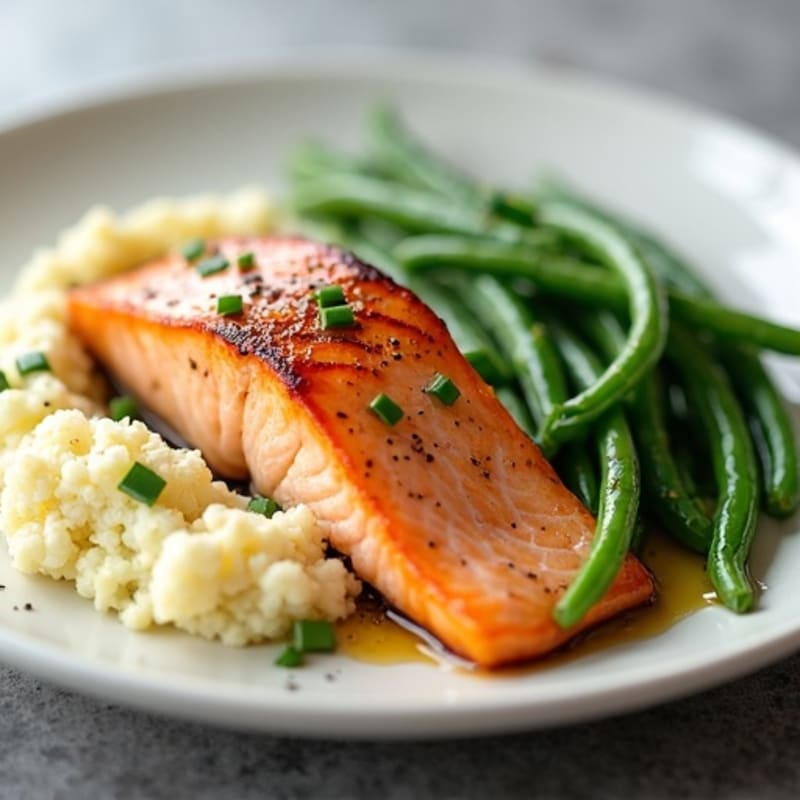 Seared Salmon with Steamed Green Beans and Cauliflower Mash