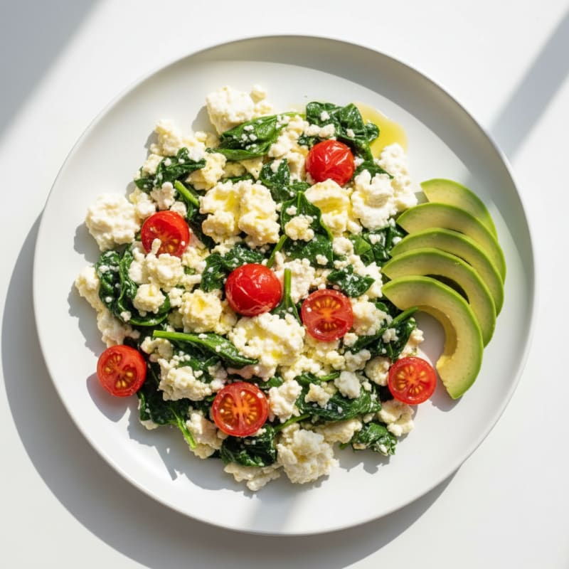 Egg White and Spinach Scramble with Cottage Cheese and Cherry Tomatoes