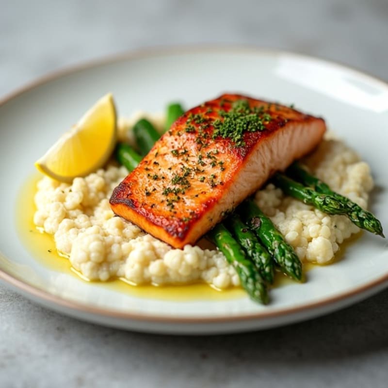 Seared Salmon with Steamed Asparagus and Cauliflower Mash