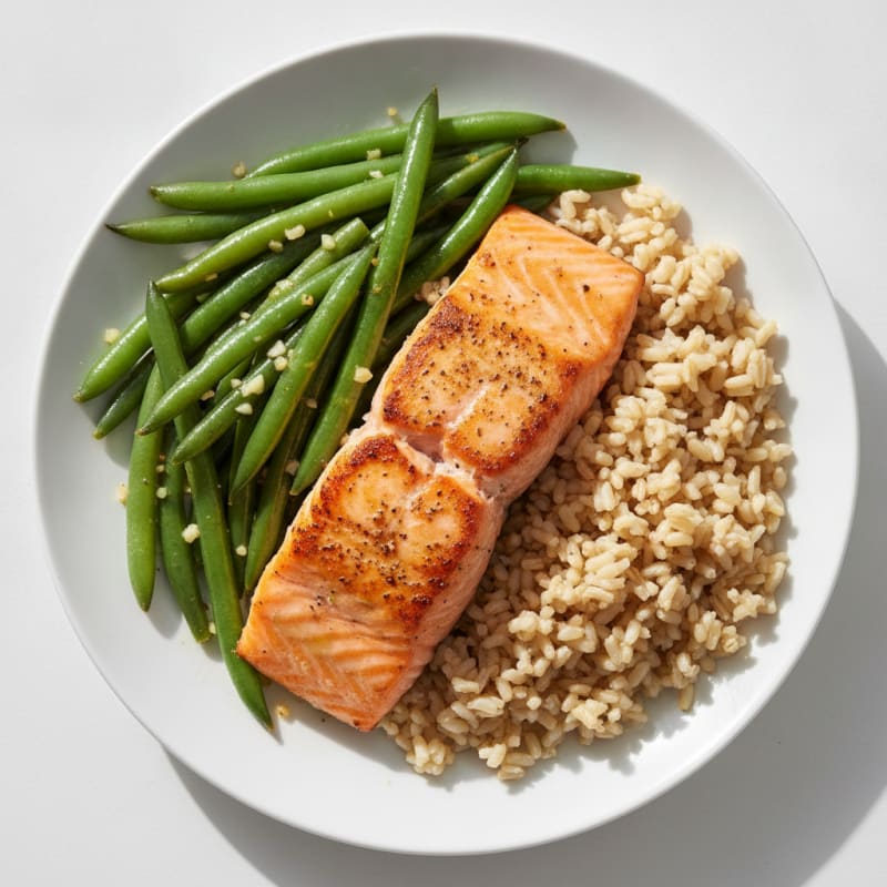 Seared Salmon Fillet with Garlic Green Beans and Brown Rice