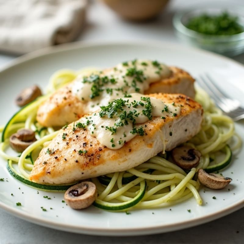 Creamy Lightened-Up Chicken Alfredo with Zucchini Noodles