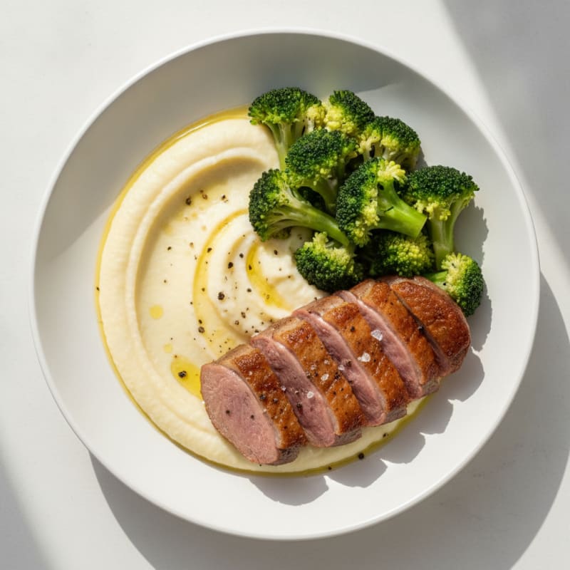 Seared Duck with Steamed Broccoli and Cauliflower Mash