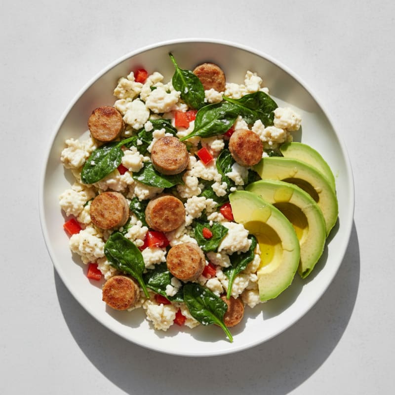 Egg White Scramble with Turkey Sausage and Sautéed Spinach