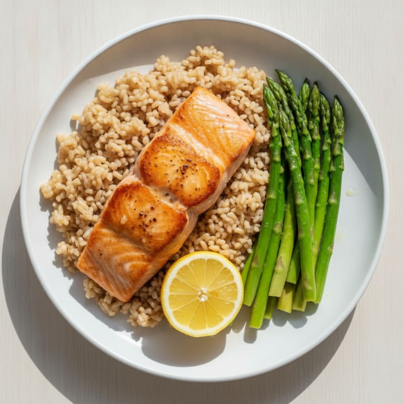 Seared Salmon Fillet with Steamed Asparagus and Brown Rice
