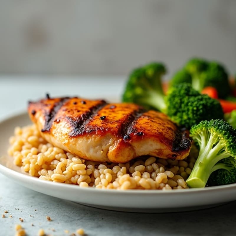 Grilled Chicken Thigh with Brown Rice and Roasted Broccoli