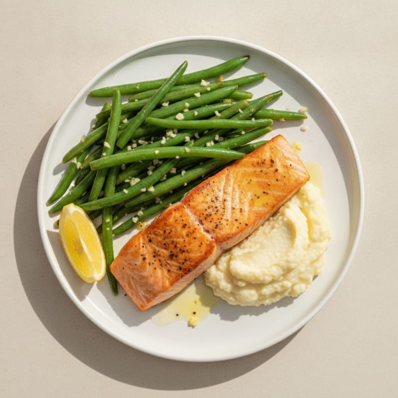 Seared Salmon with Garlic Green Beans and Cauliflower Mash