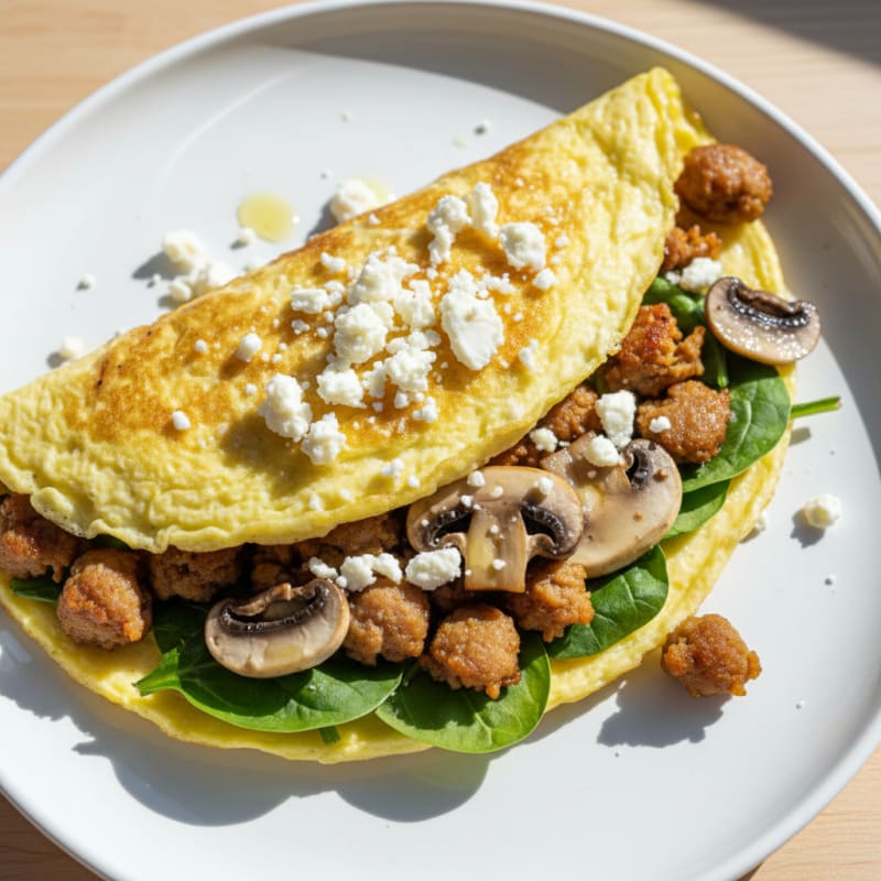 Egg White Omelet with Spinach, Turkey Sausage, and Sautéed Mushrooms