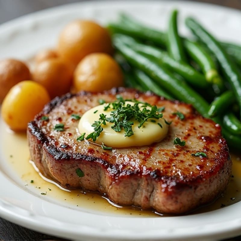 Pan-Seared Garlic Butter Steak with Crispy Roasted Potatoes and Green Beans