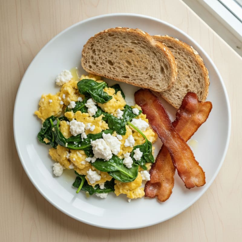 Cottage Cheese Egg Scramble with Spinach and Turkey Bacon