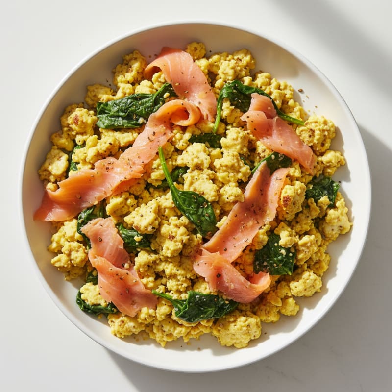 Silky Tofu Scramble with Smoked Salmon and Spinach