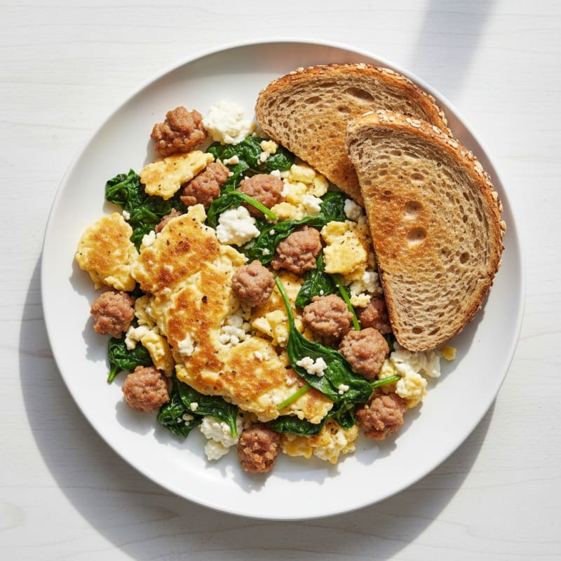 Cottage Cheese Scramble with Turkey Sausage and Spinach
