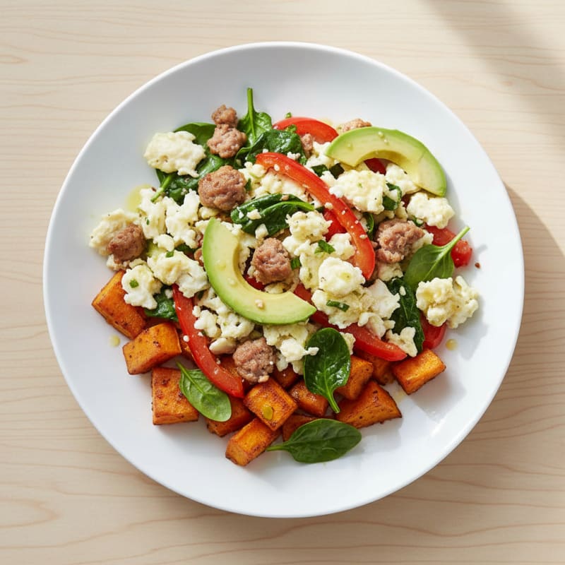 Egg White and Turkey Sausage Scramble with Roasted Sweet Potatoes