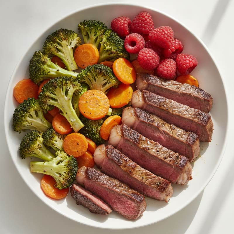 Seared Lean Beef with Roasted Broccoli and Carrots