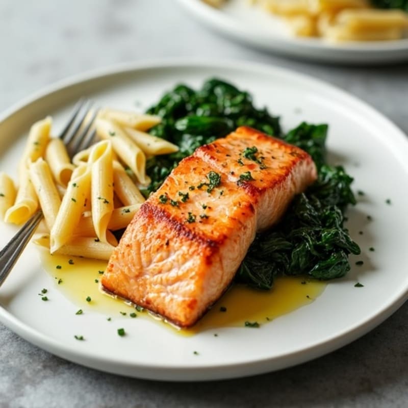 Seared Salmon with Spinach and High-Protein Penne