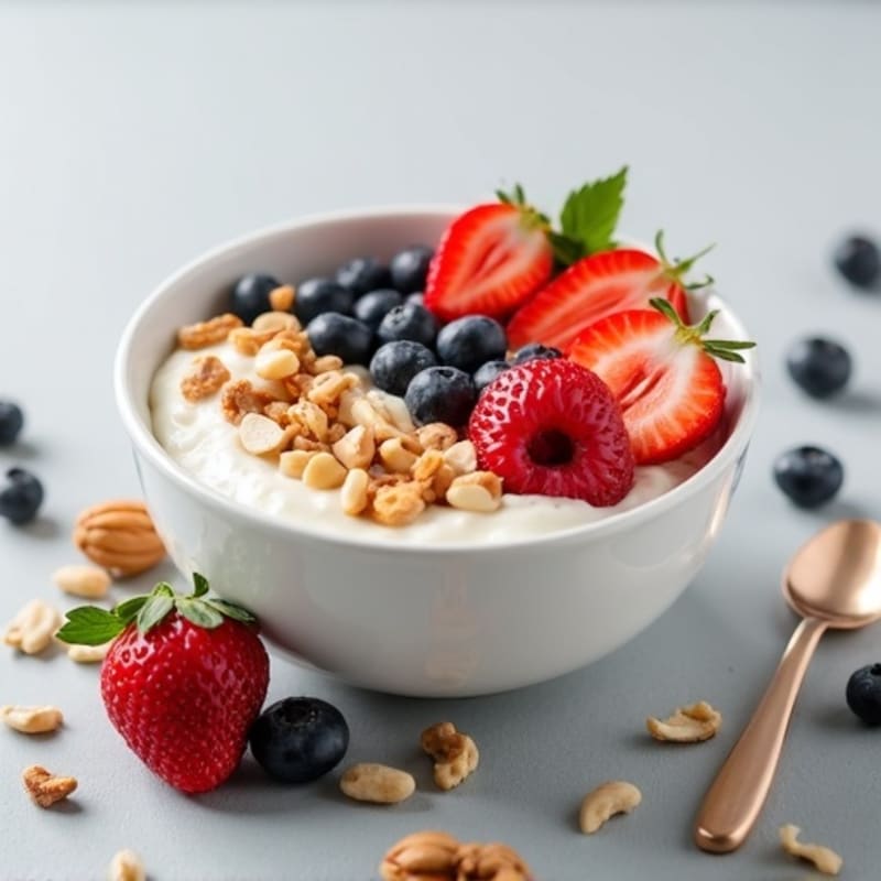 Greek Yogurt Protein Bowl with Mixed Nuts and Sliced Fruit