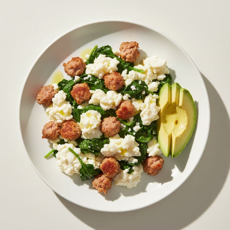 Egg White Scramble with Turkey Sausage and Sautéed Spinach
