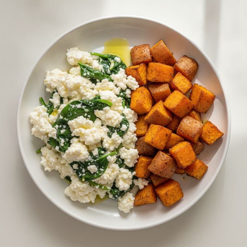 Egg White Spinach Scramble with Cottage Cheese and Roasted Sweet Potatoes