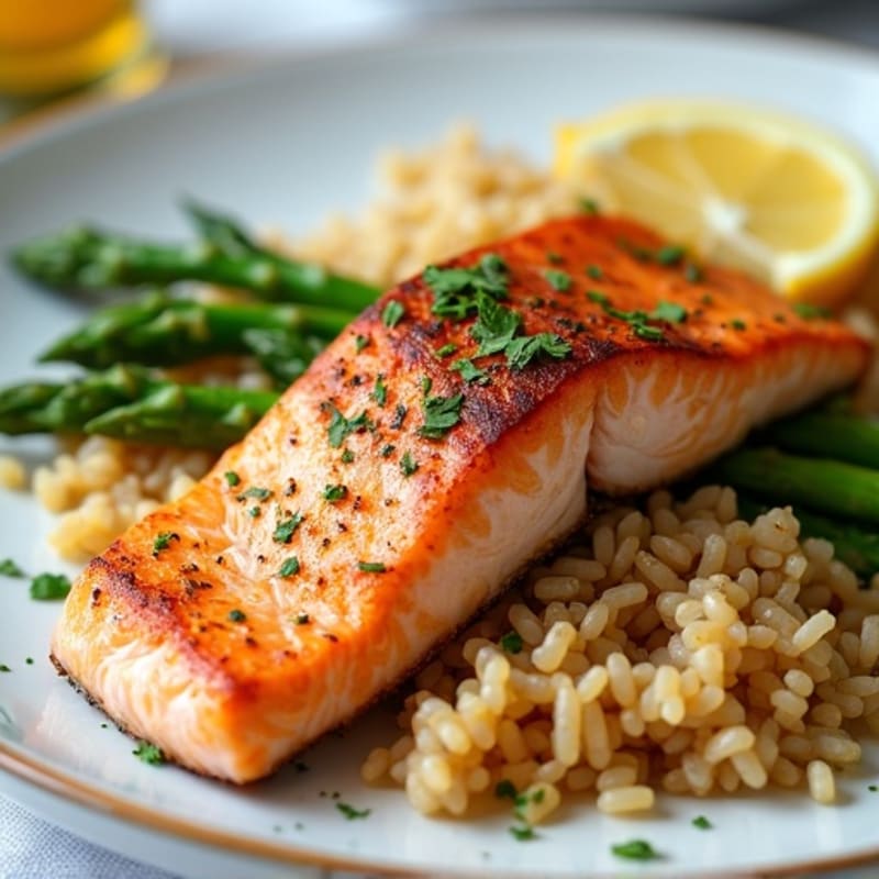 Seared Salmon Fillet with Steamed Asparagus and Brown Rice